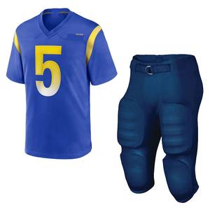 Ensemble de maillot de football américain bleu personnalisé et pantalon rembourré, numéro jaune, col en V, uniforme d'équipe pour le jour du match, vêtements de sport - Product Image 1