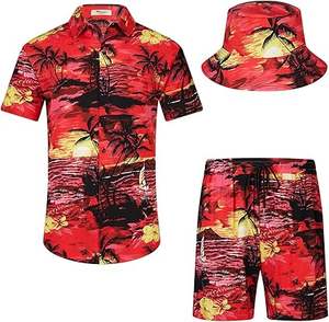 Conjunto de Dos Piezas de Moda Juvenil de Verano, Estilo Hong Kong, Informal, Estampado Playero, Poliéster Transpirable, Manga Corta Holgada, Pantalones Cortos - Product Image 1