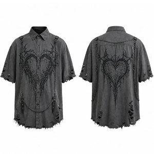 Grey Color Regular Fit Black Print Chains Ripped Hem Turndown Collar Eco-Friendly High Street Style Gothic Jersey Shirt Men's - Product Image 1