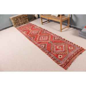 Alfombra Turca Vintage de 2.7x10.2 pies, Alfombra Floral Roja Naranja - Product Image 1