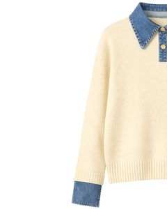 Pull en tricot pour femme personnalisé avec col en jean, manches longues, col boutonné, pull décontracté d'hiver, mélange d'acrylique doux, tendance - Product Image 3