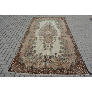 Vintage Large Rug, 5.1x9.6 ft Turkish Rug, <b>Brown</b> Check <b>Wool</b> Rug - Product Image 1