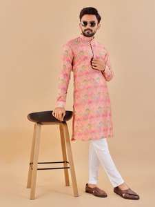 Pyjama Kurta en coton de créateur multicolore style Manyavar pour hommes, vêtement de mariage indien pakistanais, imprimé en relief - Product Image 3