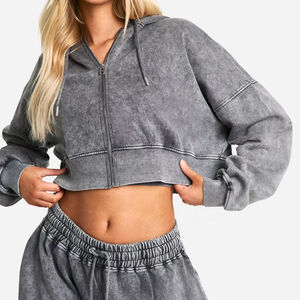 Sudadera con capucha Y2K personalizada para mujer, con cremallera frontal, costuras en contraste, corte holgado, top corto de punto tipo gofre, suéter con capucha, ecológico - Product Image 5