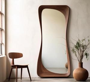 Miroir mural rond en bois de noyer artisanal de qualité supérieure, style Art déco, écologique, léger, moderne, asymétrique, prix abordable - Product Image 1