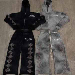 Conjunto de Sudadera con capucha de pantalones de chándal con diamantes de imitación y pierna ancha holgada French Terry de cintura alta de gran tamaño para hombre personalizado del fabricante - Product Image 1