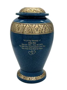Bleu avec garniture de feuille d'or urne de crémation en laiton massif pour les cendres capuchon fileté urnes commémoratives de taille adulte - Product Image 4
