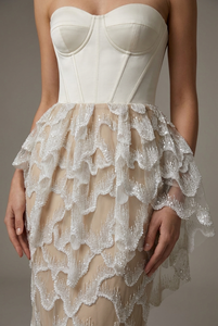 <b>White</b> Beaded Plain Woven Tulle <b>Lace</b> <b>Fabric</b> with Wave Pattern Embroidered Lightweight 70GSM for Wedding Girls - Product Image 3