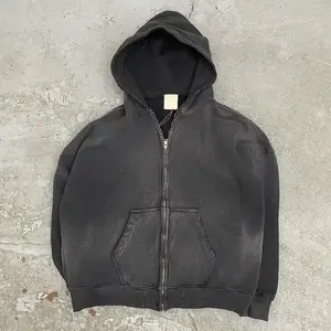 Sweat-shirt streetwear personnalisé de haute qualité, fermeture éclair, délavage acide, délavé au soleil, poches usées - Product Image 2