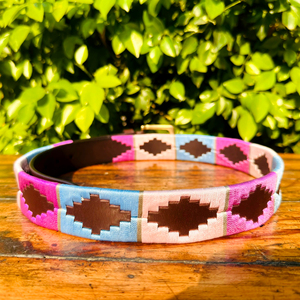 เข็มขัดโปโลหนังควายสีกุหลาบชมพู & ฟ้าหัวเข็มขัดทองเหลืองแข็งกว้าง35มม. สำหรับการขี่ม้า - Product Image 3