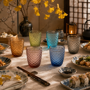 Durable Handmade Glasses Drinkware Set of 6pcs Glasses 30 cl (10 fl oz) Modern Multicolor Colored Glass Paste Ginko Leaf Excelsa - Product Image 3