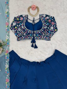El diseñador indio más vendido tradicional Chinon seda Lehenga Choli con bordado para Bodas de fiesta de verano incluye Dupatta - Product Image 4