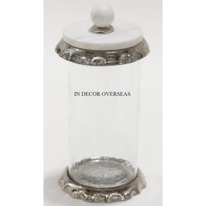 Recipiente con forma de cilindro de vidrio transparente de primera calidad con diseño único de metal chapado en oro y tapa superior de mármol blanco al precio más bajo - Product Image 6