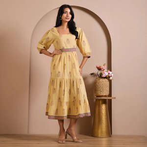 Vestido Midi de Algodón con Estampado de Bloques de Jaipur para Mujer, Fabricación al por Mayor OEM, Talla y Etiqueta Personalizadas, Proveedor de Fábrica - Product Image 1