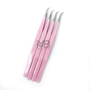 Pinzas de extensión de pestañas, puntas plateadas de agarre de diamante de aislamiento largo de 45 grados, acero inoxidable japonés, recubierto de Color rosa claro - Product Image 1