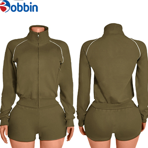 Ensembles de sport pour femmes grande taille sur mesure, logo personnalisé, coton, couleur contrastée, vestes à manches longues, shorts, 2 pièces, vêtements de sport pour femmes - Product Image 5