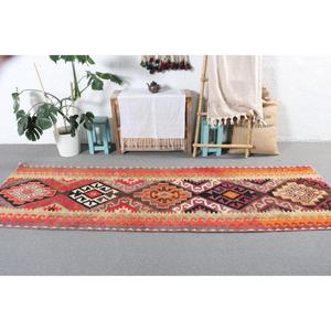 Vintage <b>Runner</b> Rug 3x9.6 ft (92x294 cm), Kilim <b>Red</b> Southwestern Turkish Rug - Product Image 3
