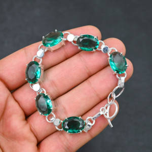 Pulsera Unisex de Lujo con Apatita Verde Creada en Laboratorio, Plata de Ley, Corte Ovalado de 10x14 mm, 5 Piedras, Ajustable de 7 a 8 Pulgadas, Elegante y Hecha a Mano - Product Image 1