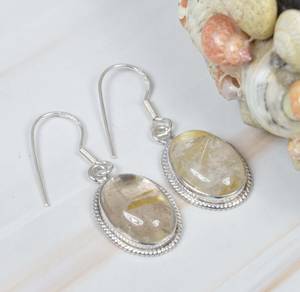 Nouvelle Arrivée Boucles d'Oreilles Pendantes en Argent Sterling 925 avec Pierre Ovale Brillante en Rutile Doré, Bijoux Tendance pour Fêtes pour Femmes et Filles - Product Image 3