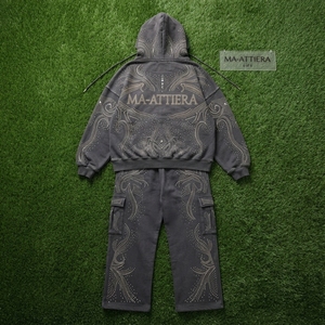 Conjunto de Sudadera con Capucha y Pantalones Cargo con Pedrería Negra para Mujer, Estilo Urbano Oversize, Venta al por Mayor OEM - Product Image 6