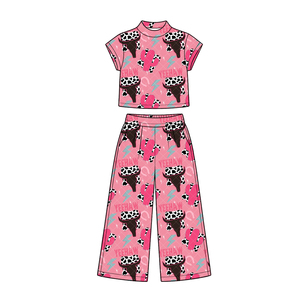 Ensemble 2 pièces rose pour petites filles, haut à manches courtes imprimé crâne de vache occidentale, pantalon à jambes larges - Product Image 1