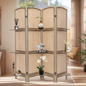 Paravent pliant en bambou DreamCraft Vietnam à 4 panneaux, étagères, lumière LED, style artistique, séparation d'intimité, décoration intérieure - Product Image 1