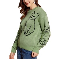 Pull col rond femme automne/hiver 2026, imprimé chat mignon, boutonné, coupe ample, style décontracté et élégant, chaud, 100 % acrylique