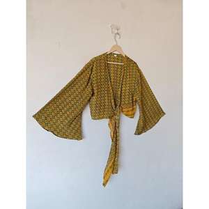 เสื้อครอปแขนกระดิ่งสำหรับผู้หญิงใส่ในฤดูร้อนเสื้อครอปผูกโบว์ผ้าไหมลายดอกไม้วินเทจใส่ไปปาร์ตี้เสื้อครอป - Product Image 5