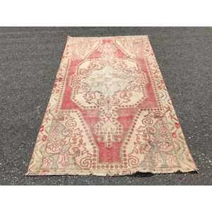 4.2x7.2 ft Vintage Rug, <b>Red</b> Animal Print Turkish <b>Wool</b> Rug - Product Image 1