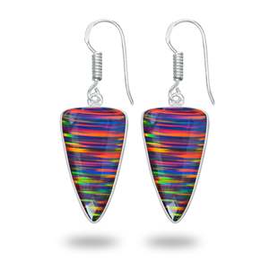 Boucles d'oreilles en laiton plaqué argent pour femmes, pierres précieuses striées de couleur opale de feu droite noire, teinte sombre, en vente au meilleur prix - Product Image 1