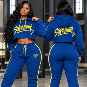 Women's <b>Plus</b> <b>Size</b> Cropped Hooded Tracksuit <b>Set</b> Breathable Fleece Hoodie Jogger Pants Printed Sportswear for Outfit Autumn - Product Image 1