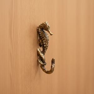 Vintage sea horse shape wall hook in antique brass finish decorative marine coat hanger for home entryway decor - Product Image 1