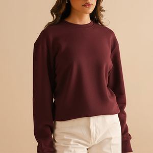 เสื้อสเวตเชิ้ตแขนยาวคอกลมสีแดงเบอร์กันดีสำหรับผู้หญิง ขายดีที่สุด ผลิตจากโพลีเอสเตอร์/คอตตอน ใส่สบาย ระบายอากาศได้ดี รับผลิตตามแบบ OEM - Product Image 1