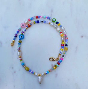 Trendy Multicoloured Beaded <b>Necklace</b> - <b>Colourful</b> Summer <b>Necklace</b> - Seed Bead Pendant <b>Necklace</b> Fringe Beaded Bandana - Product Image 1