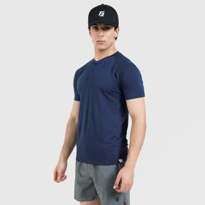 M024 Performance Fitness T-Shirt Navy <b>Slim</b> <b>Fit</b> Gym Workout Shirt with Short Sleeves Solid & Logo Pattern Knitted Fabric - Product Image 3