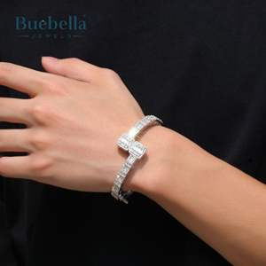 14K White Gold 925 Sterling <b>Silver</b> VVS Moissanite Diamond Baguette 7mm Cuff <b>Bangle</b> <b>for</b> <b>Men</b> - Product Image 1