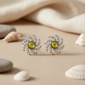 <b>Silver</b> Floral Design Cats Eye <b>Stud</b> Earrings for Women Gold Plated Pearl Jewelry for Parties Religious Style - Product Image 3