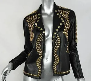 Chaqueta de Cuero de Oveja Negra Estilo Punk con Tachuelas, Tejida, Transpirable, de Alta Calidad, Cuero Genuino para Mujer - Product Image 6