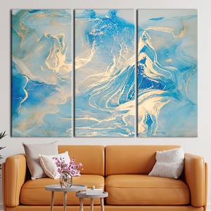 Lujosa decoración de pared en lienzo con estampado de mármol azul y dorado, 3 piezas: estirado sobre lienzo tipo galería - Product Image 1