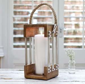 Wooden & Metal Candle <b>Lantern</b> With Glass Chimney With Rope Handle - Product Image 1