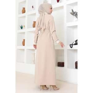 Manteau Abaya côtelé beige boutonné pour femme Mega Merchant – Veste et Trench-coat quotidiens modestes - Product Image 4