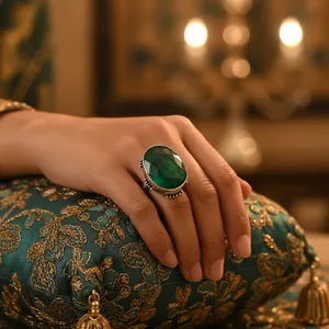 Bague pour femme et homme en platine 925 avec pierre naturelle verte de forme ovale, style bohème romantique, déclaration de style - Product Image 2
