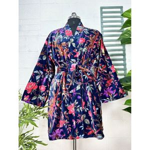 Luxury Unisex Robe Floral Blue Malibu Bluish Velvet <b>Kimono</b> <b>Jacket</b> Reversible <b>Silk</b> Lined Soft Autumn Winter Gift - Product Image 3