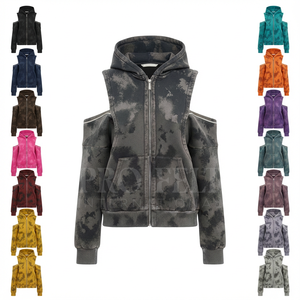 Sudadera con Capucha Moderna y a la Moda, con Cierre y Hombros Descubiertos, Estilo Lavado, para Mujer, Chaqueta Informal, Suave y Cómoda - Product Image 1