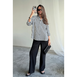 เสื้อเชิ้ตผ้าลินินลายทางสำหรับผู้หญิงสีดำ-เสื้อเบลาส์ที่ดูหรูหราและมีสไตล์ - Product Image 4