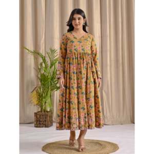 Yellow Jaal Printed Angrakha Long Dress with Flare Indian & Pakistani Clothing - Product Image 5