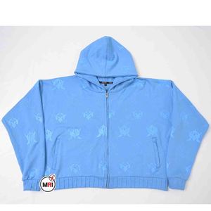 Sudadera con Capucha y Cierre de Cremallera MRI Group, Color Azul Claro, Estampado de Estrellas, Corte Regular, Estilo Deportivo Holgado, 100% Algodón - Product Image 3
