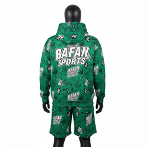 Conjunto de sudadera con capucha y pantalones cortos para hombre, 300 GSM, algodón premium con forro polar, estampado deportivo verde, sublimación, logotipo personalizado. - Product Image 2