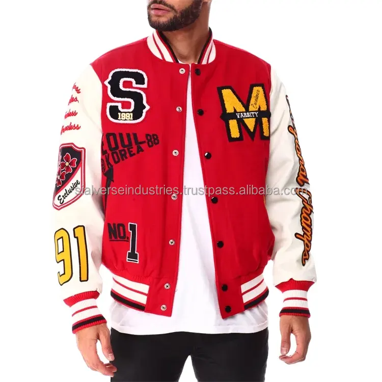 Custom Logo Luxury Wool Chenille Embroidery Baseball Letterman Jackets Men Vintage Red And White Leather Sleeve Varsity Jacket