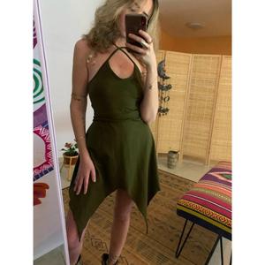 Vestido Largo de Verano para Mujer, Cuello en V, Manga Larga, Color Sólido, Dobladillo Cruzado, Ecológico, Teñido Natural, Cintura Natural - Product Image 3